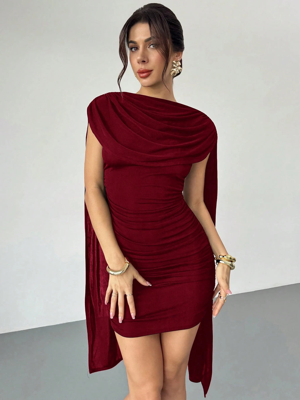 Firerie Women's Elegant Dark Brown Cowl Neck Ruched Bodycon
