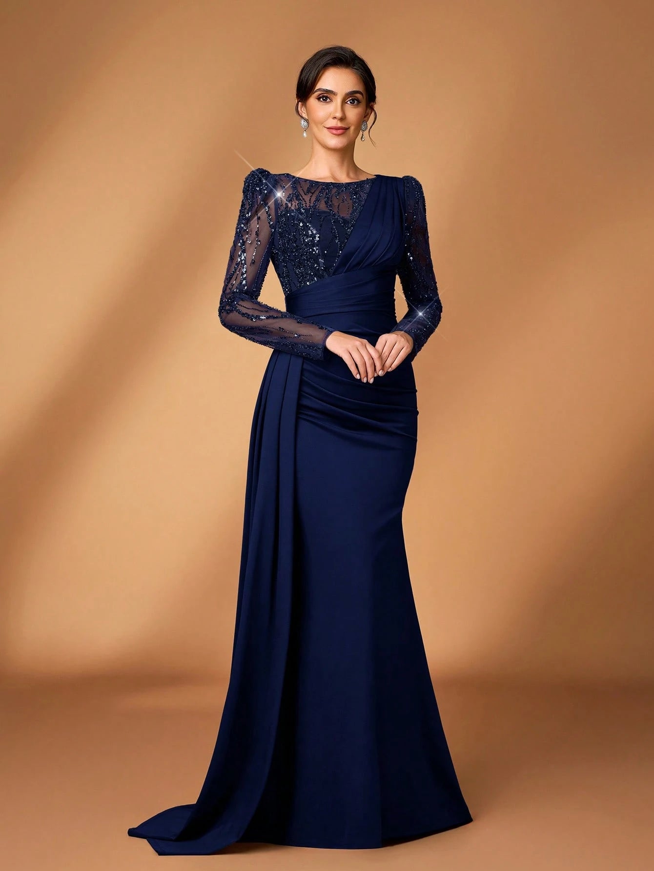 Serin Navy Blue Winter Elegant Formal Evening Wedding Luxurious Beaded & Sequin Floral Mesh Sleeve Ruched - image 8