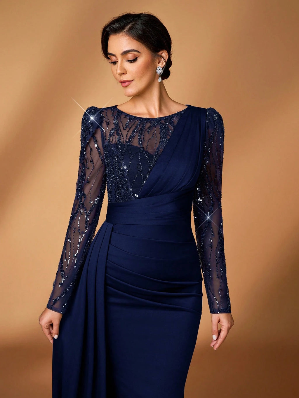 Serin Navy Blue Winter Elegant Formal Evening Wedding Luxurious Beaded & Sequin Floral Mesh Sleeve Ruched - image 9