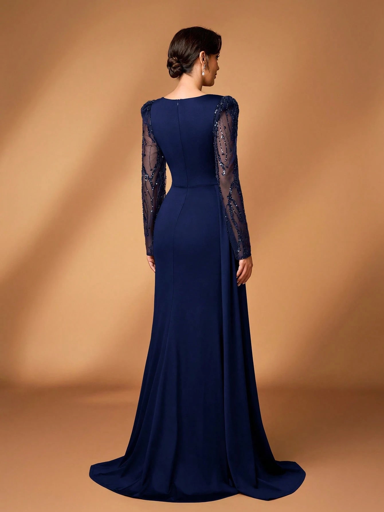 Serin Navy Blue Winter Elegant Formal Evening Wedding Luxurious Beaded & Sequin Floral Mesh Sleeve Ruched - image 10