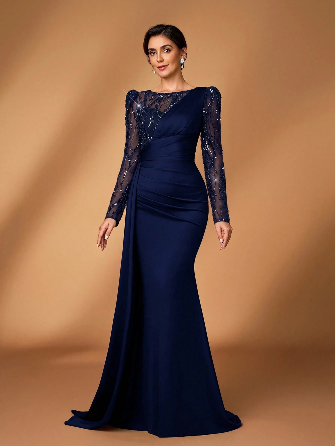 Serin Navy Blue Winter Elegant Formal Evening Wedding Luxurious Beaded & Sequin Floral Mesh Sleeve Ruched - image 12