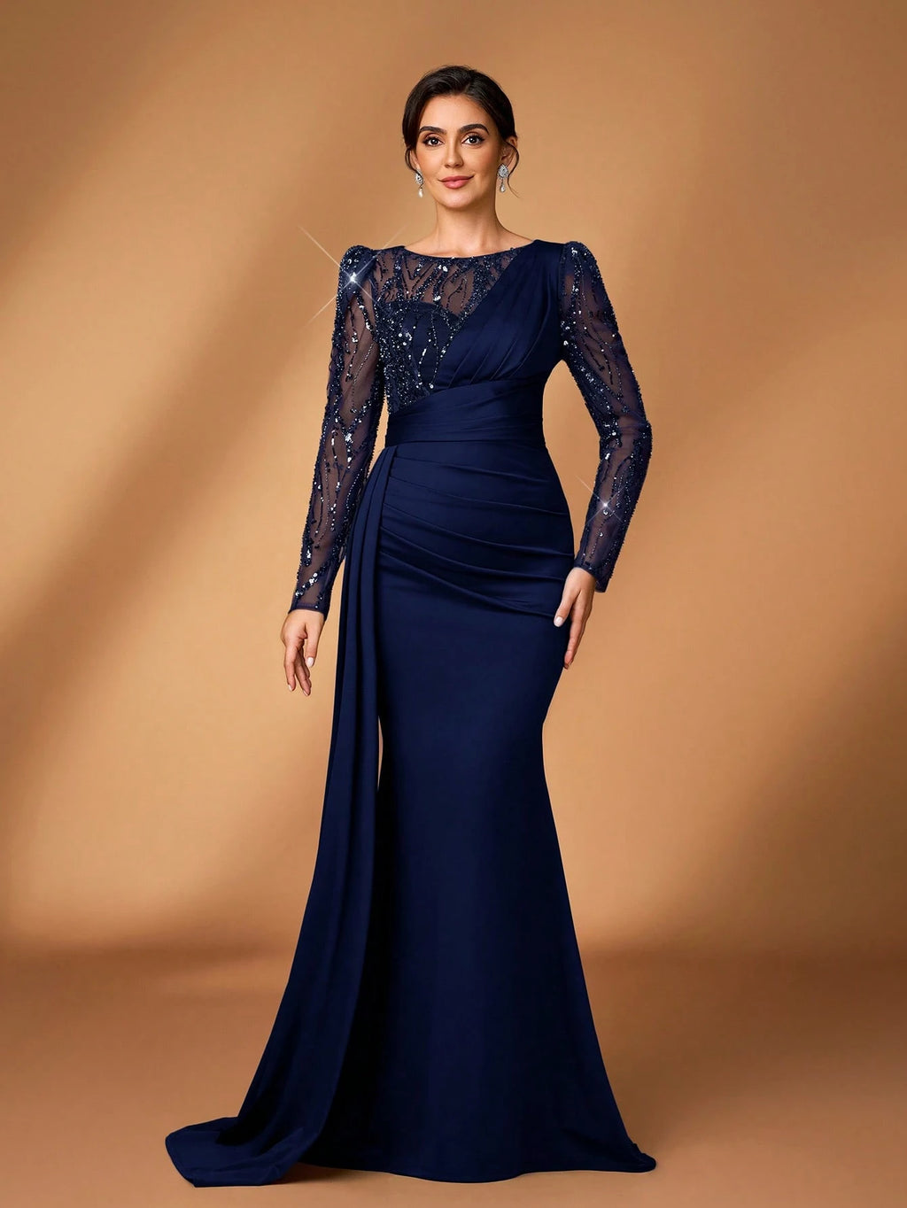 Serin Navy Blue Winter Elegant Formal Evening Wedding Luxurious Beaded & Sequin Floral Mesh Sleeve Ruched - image 13