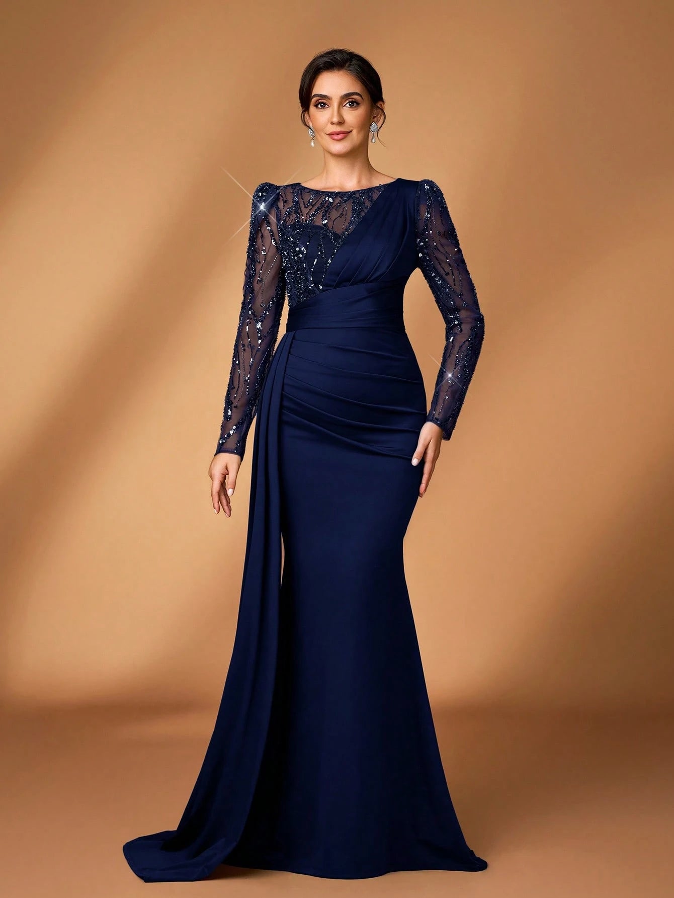 Serin Navy Blue Winter Elegant Formal Evening Wedding Luxurious Beaded & Sequin Floral Mesh Sleeve Ruched - image 13