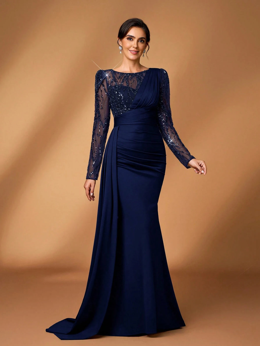 Serin Navy Blue Winter Elegant Formal Evening Wedding Luxurious Beaded & Sequin Floral Mesh Sleeve Ruched - image 14