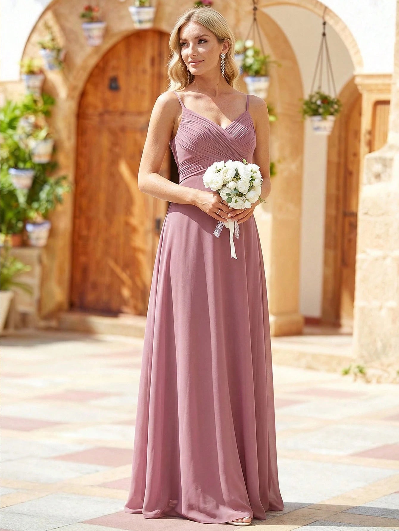 EVERPRETTY Spring Chiffon Spaghetti Strap Backless Pleated Pink