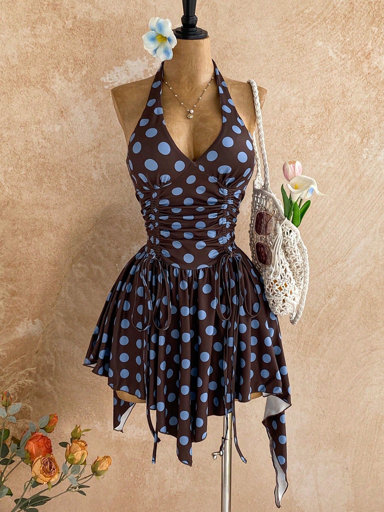 Soleia Deep V Neck Tie-Up Waist Wooden Bead Asymmetrical Hem Mini