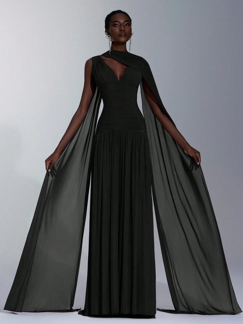 Elitara Elegant Burgundy Glossy Mesh V-Neck Ruched A-Line Skirt With Detachable Chiffon Flounce,Old - image 13