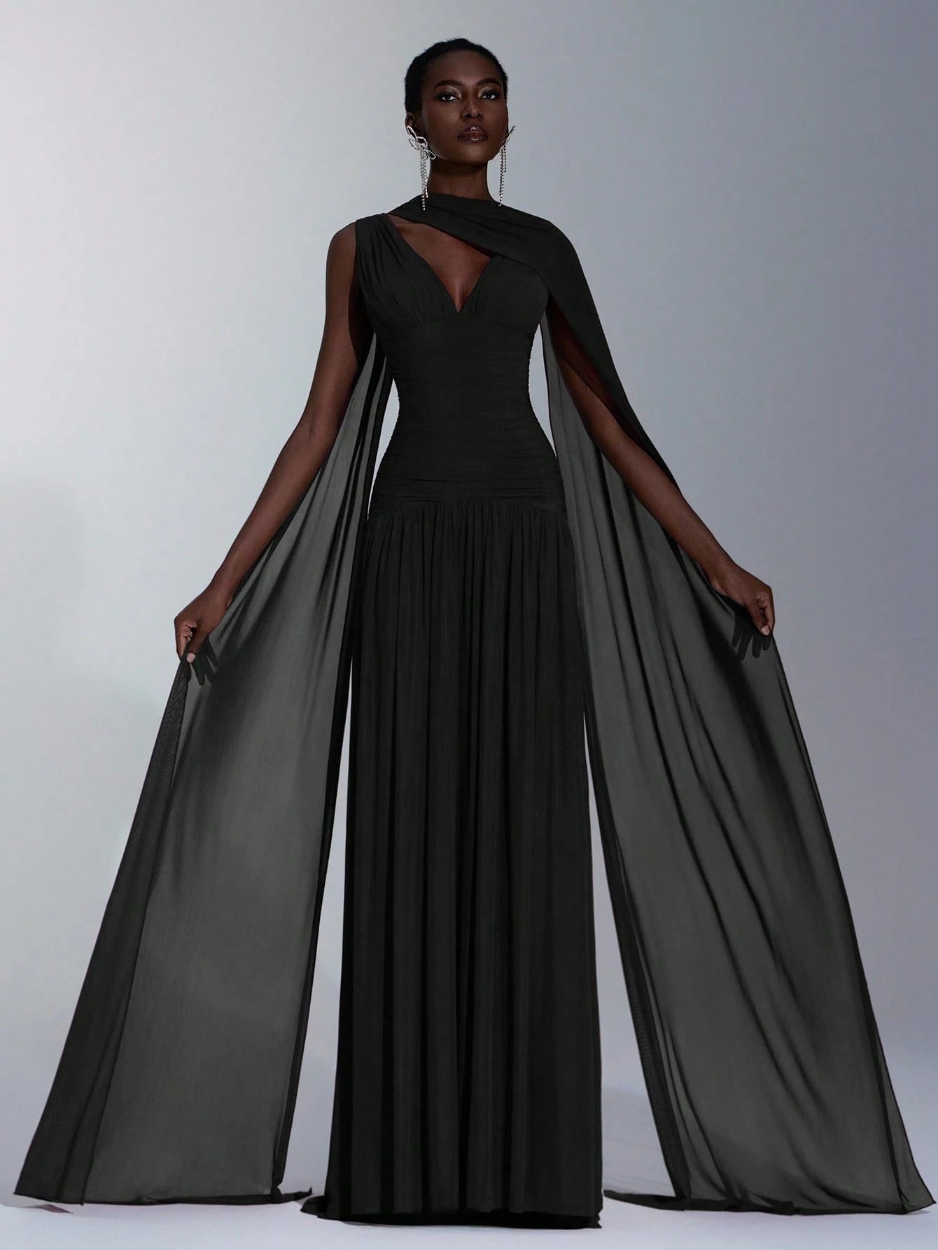 Elitara Elegant Burgundy Glossy Mesh V-Neck Ruched A-Line Skirt With Detachable Chiffon Flounce,Old - image 13