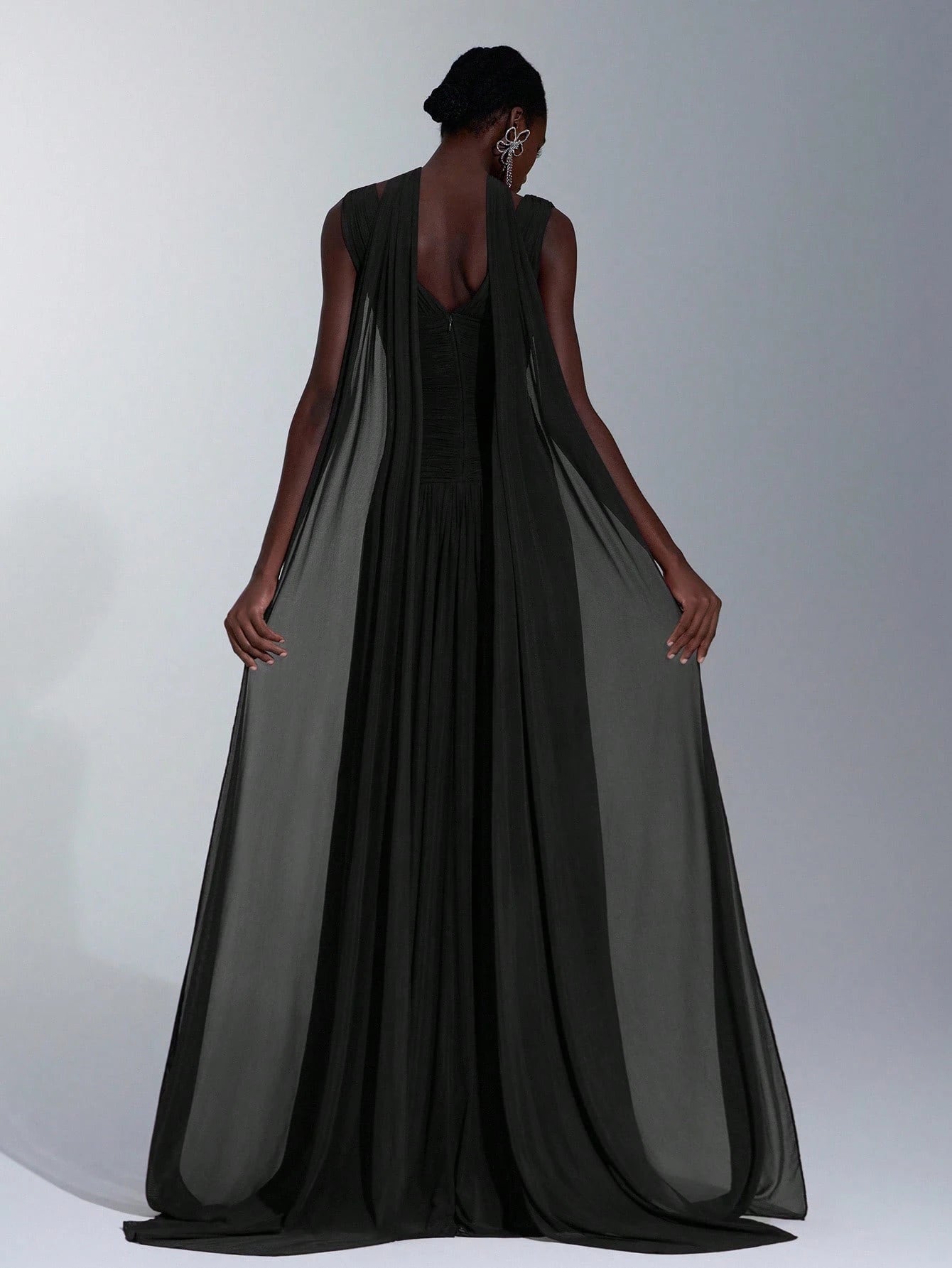 Elitara Elegant Burgundy Glossy Mesh V-Neck Ruched A-Line Skirt With Detachable Chiffon Flounce,Old - image 12
