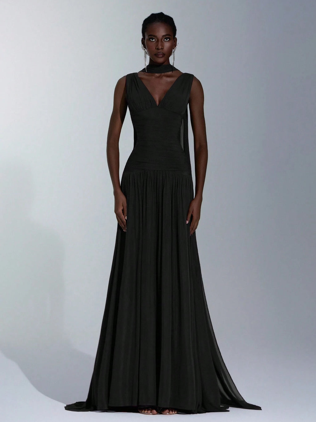 Elitara Elegant Burgundy Glossy Mesh V-Neck Ruched A-Line Skirt With Detachable Chiffon Flounce,Old - image 16