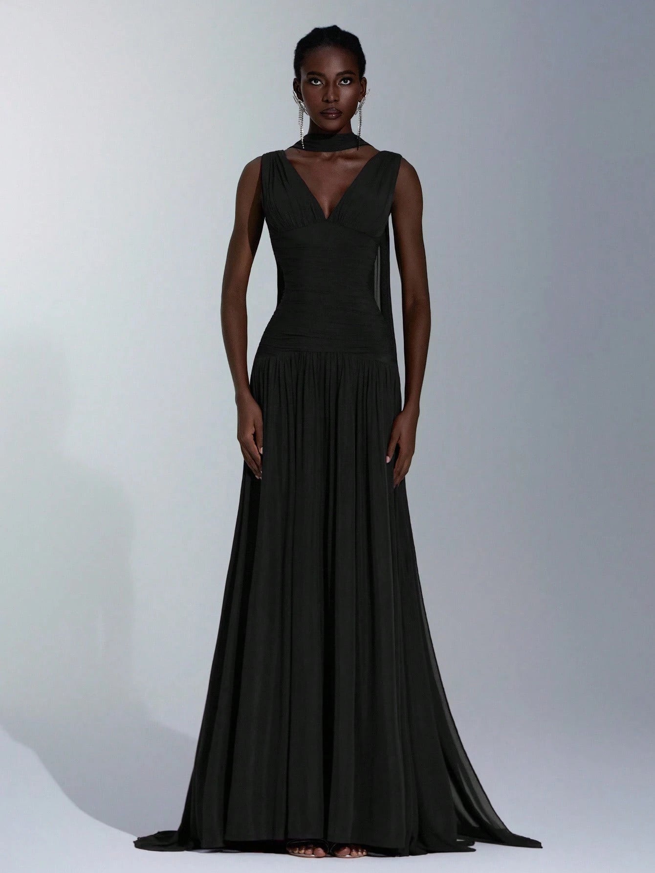 Elitara Elegant Burgundy Glossy Mesh V-Neck Ruched A-Line Skirt With Detachable Chiffon Flounce,Old - image 16