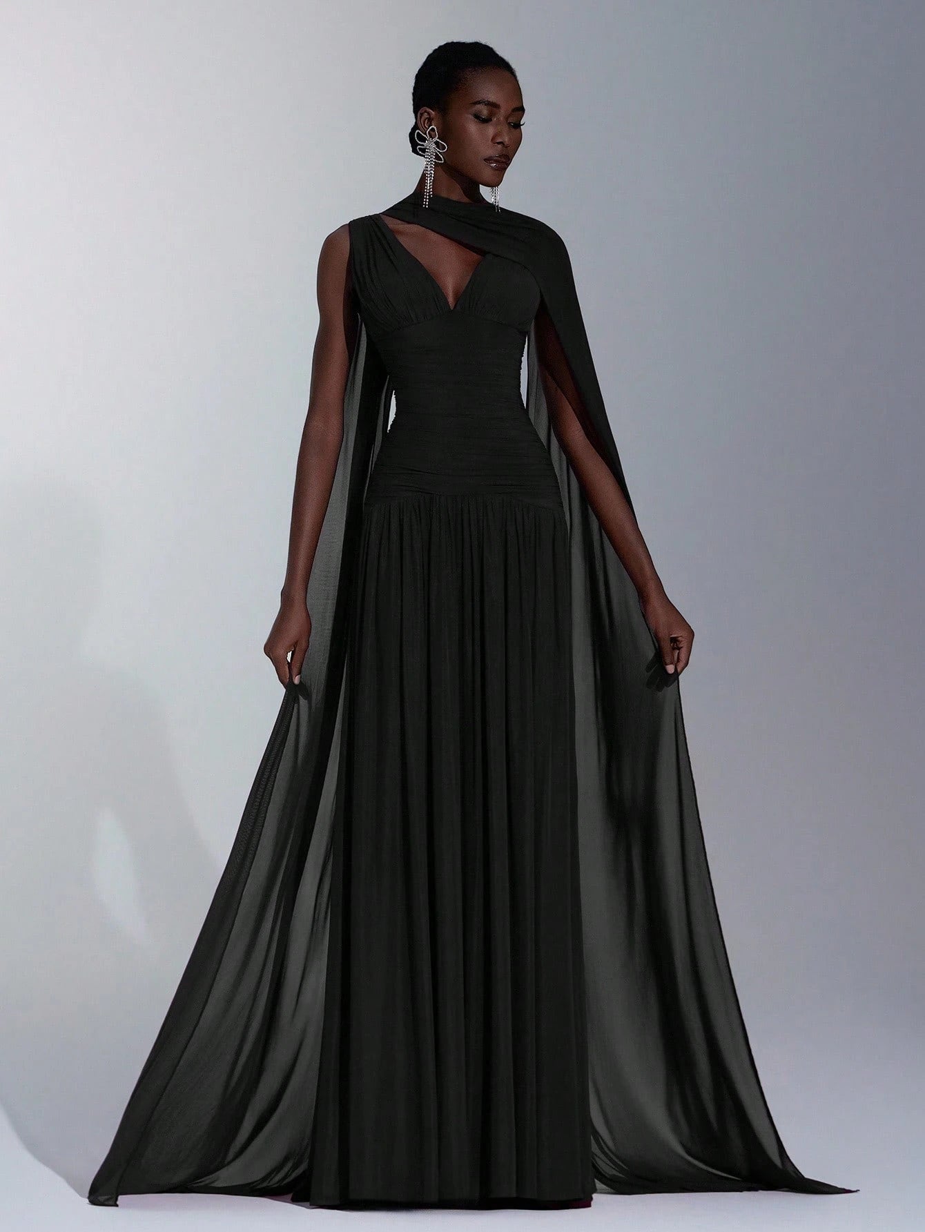 Elitara Elegant Burgundy Glossy Mesh V-Neck Ruched A-Line Skirt With Detachable Chiffon Flounce,Old - image 11