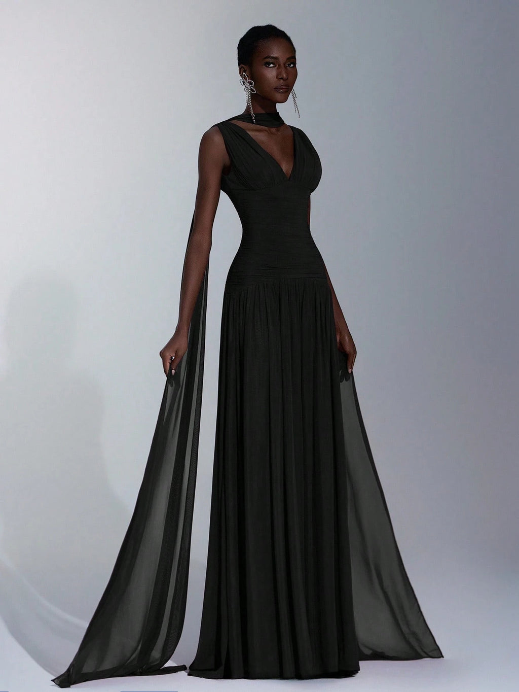 Elitara Elegant Burgundy Glossy Mesh V-Neck Ruched A-Line Skirt With Detachable Chiffon Flounce,Old - image 18