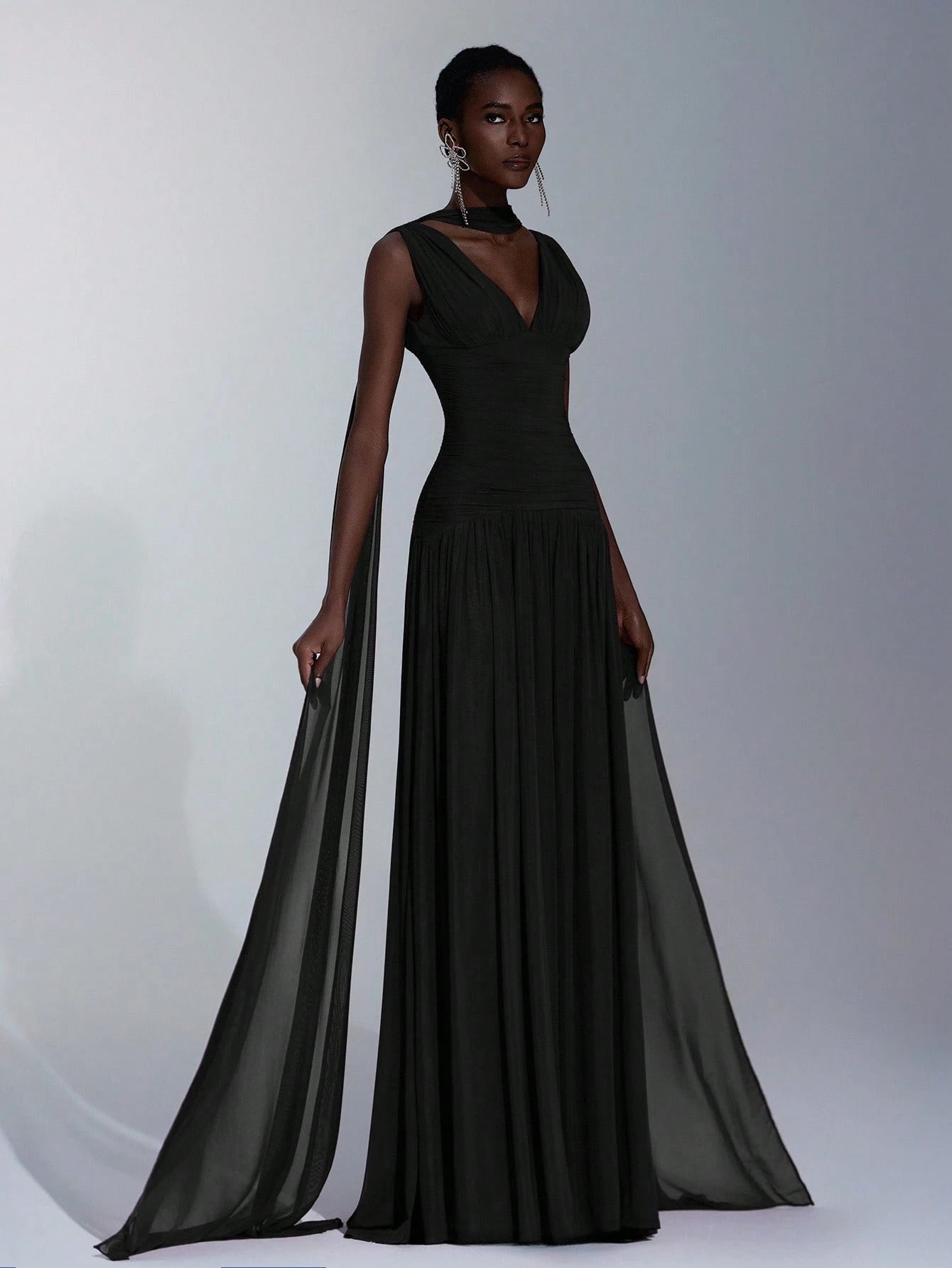 Elitara Elegant Burgundy Glossy Mesh V-Neck Ruched A-Line Skirt With Detachable Chiffon Flounce,Old - image 18