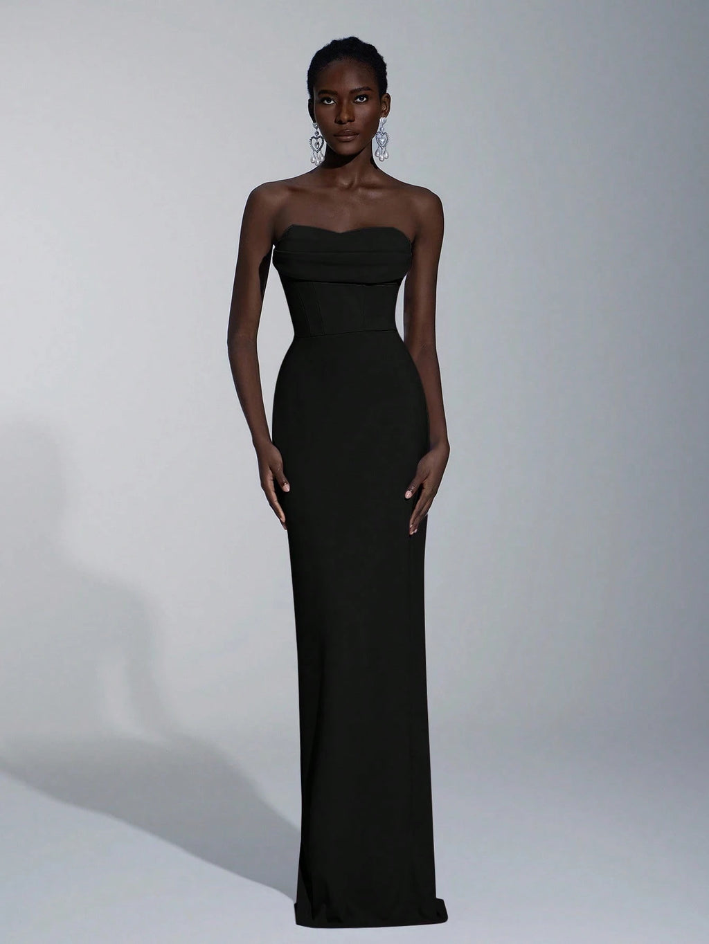 Elitara Elegant Minimalist Split Bandeau Plunging Neckline Fitted Maxi Slit Back Bridesmaid Dress