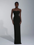 Elitara Elegant Minimalist Split Bandeau Plunging Neckline Fitted Maxi Slit Back Bridesmaid Dress