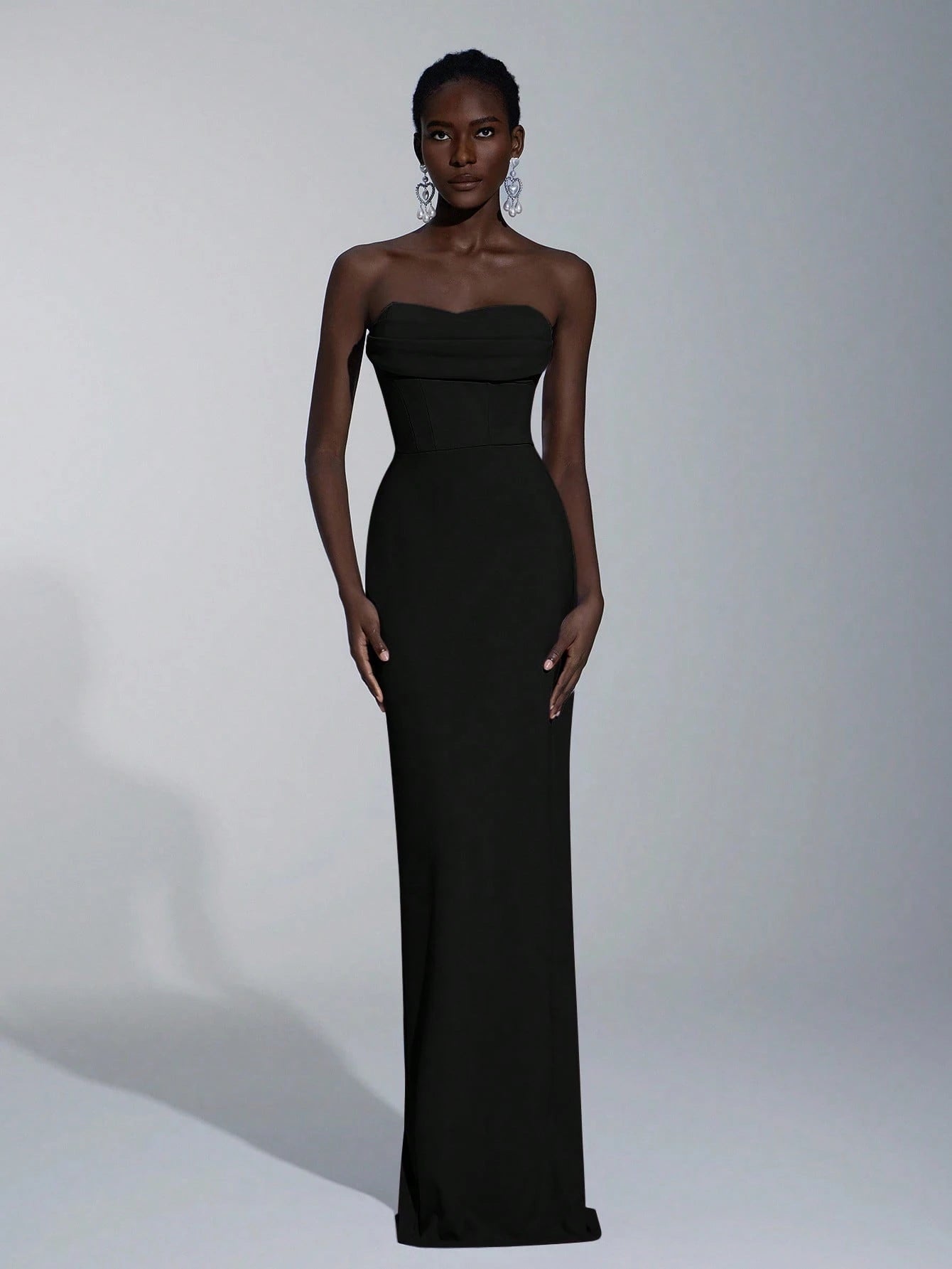 Elitara Elegant Minimalist Split Bandeau Plunging Neckline Fitted Maxi Slit Back Bridesmaid Dress
