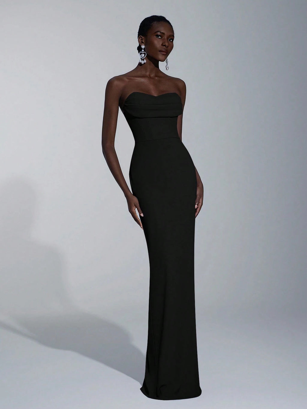 Elitara Elegant Minimalist Split Bandeau Plunging Neckline Fitted Maxi Slit Back Bridesmaid Dress - image 4