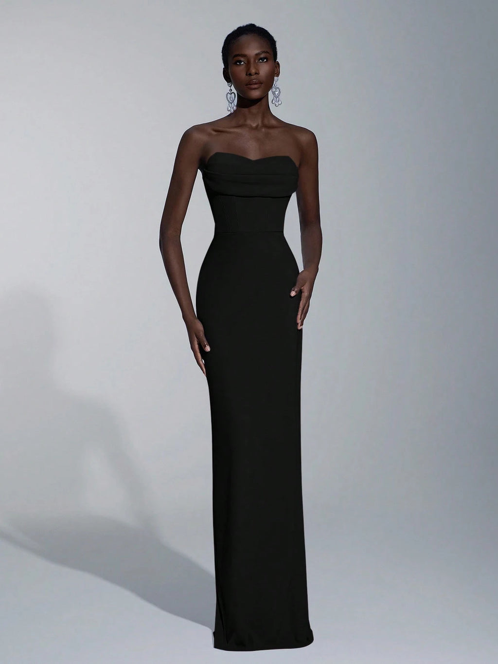 Elitara Elegant Minimalist Split Bandeau Plunging Neckline Fitted Maxi Slit Back Bridesmaid Dress - image 5
