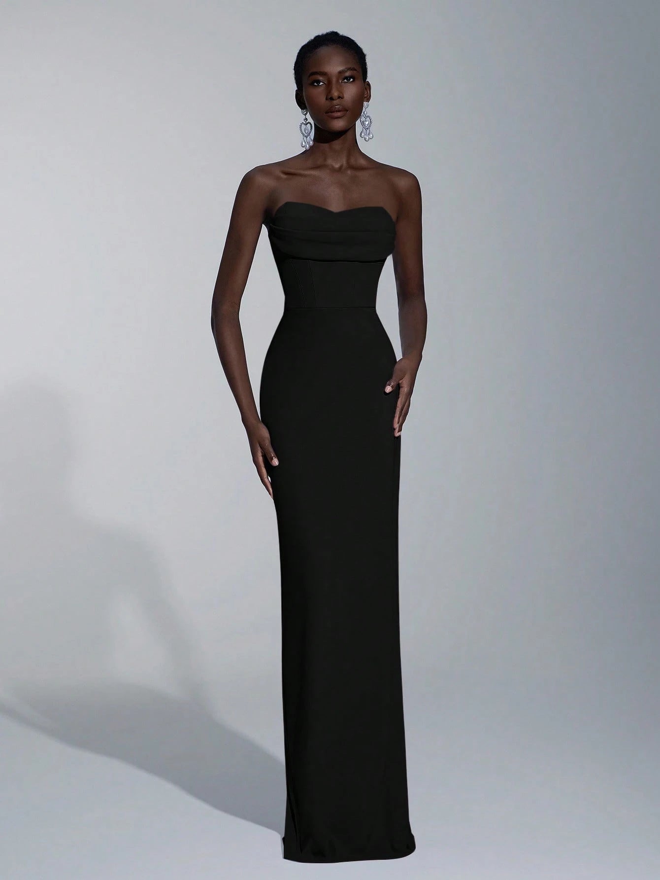 Elitara Elegant Minimalist Split Bandeau Plunging Neckline Fitted Maxi Slit Back Bridesmaid Dress - image 5