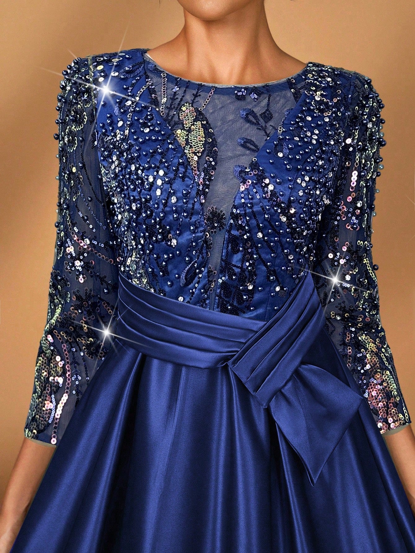 Serin Elegant Luxurious Rosegold Sheer Long Sleeve Embroidered Lace
