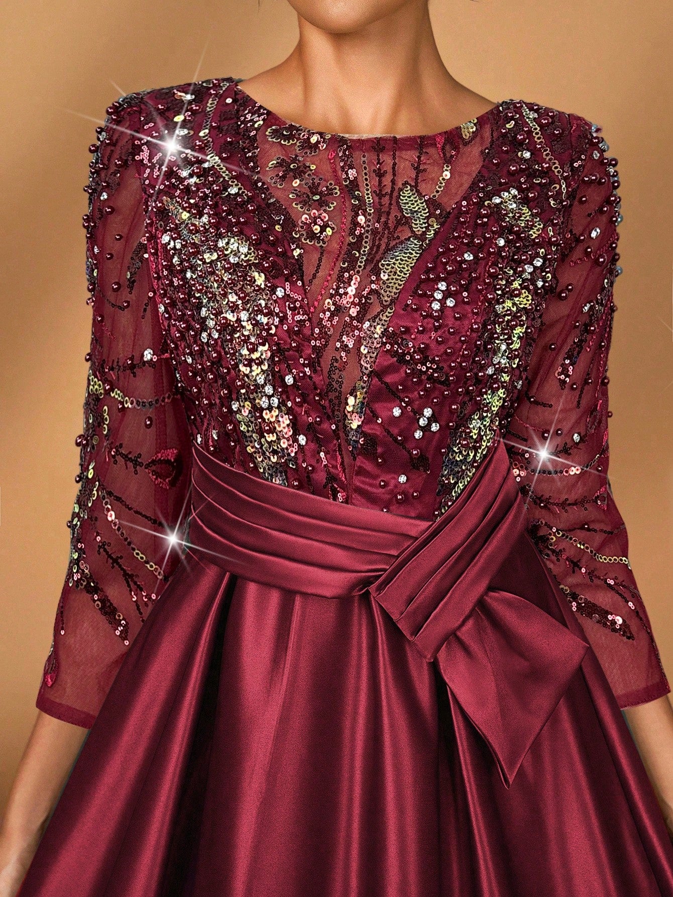 Serin Elegant Luxurious Rosegold Sheer Long Sleeve Embroidered Lace Floral Pearl Bow Flared Winter Formal - image 11