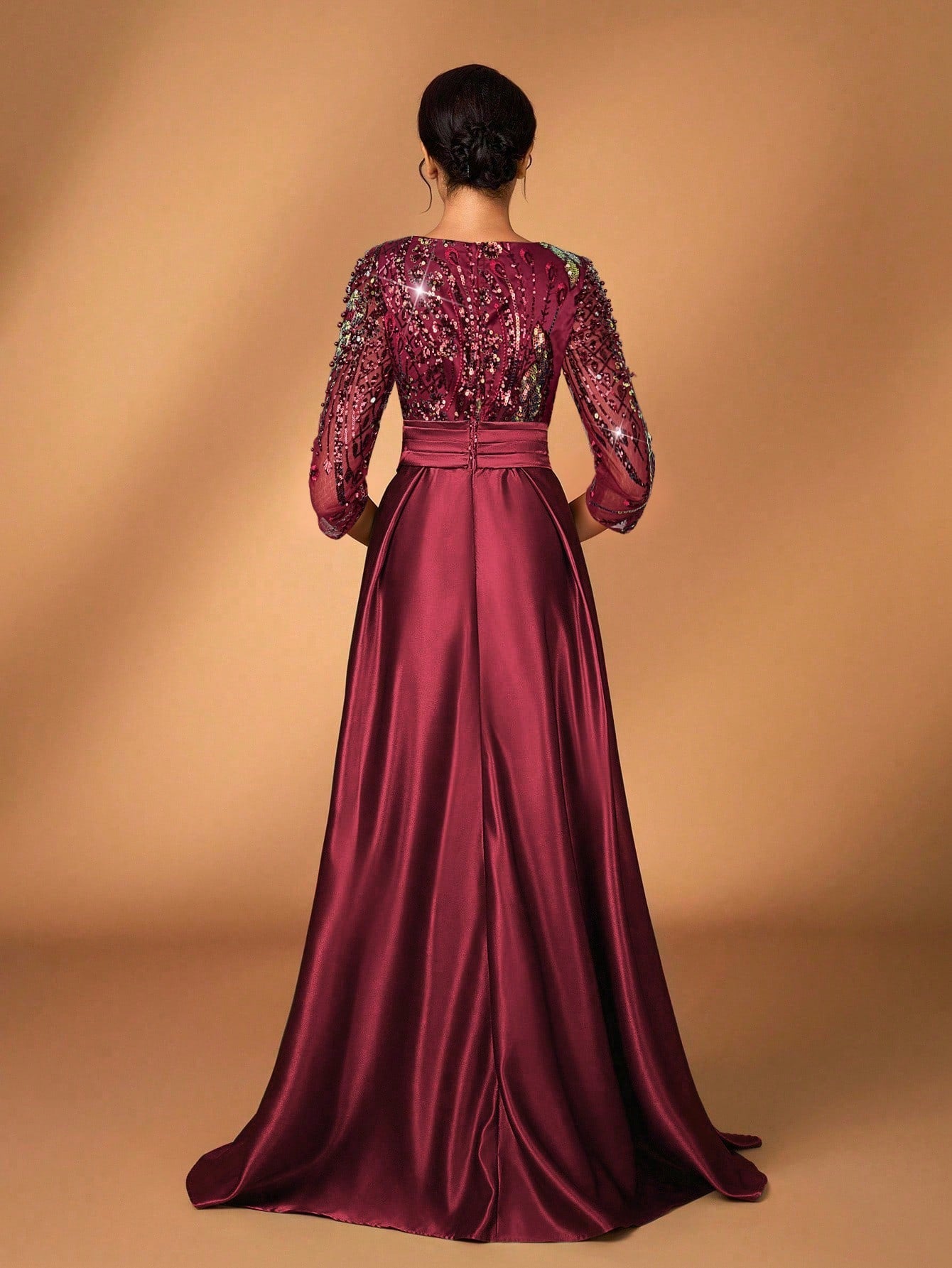 Serin Elegant Luxurious Rosegold Sheer Long Sleeve Embroidered Lace Floral Pearl Bow Flared Winter Formal - image 12