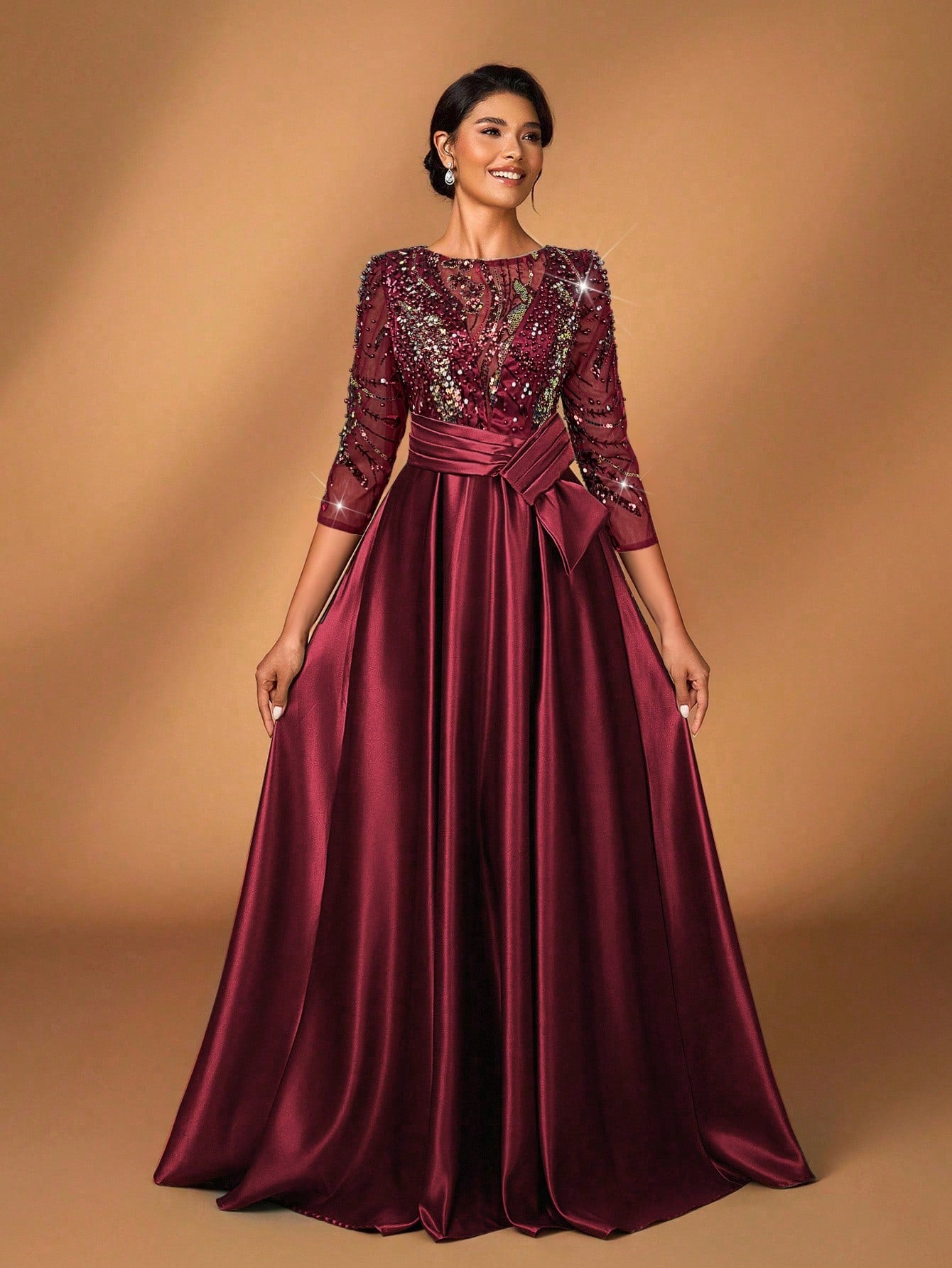 Serin Elegant Luxurious Rosegold Sheer Long Sleeve Embroidered Lace Floral Pearl Bow Flared Winter Formal - image 13