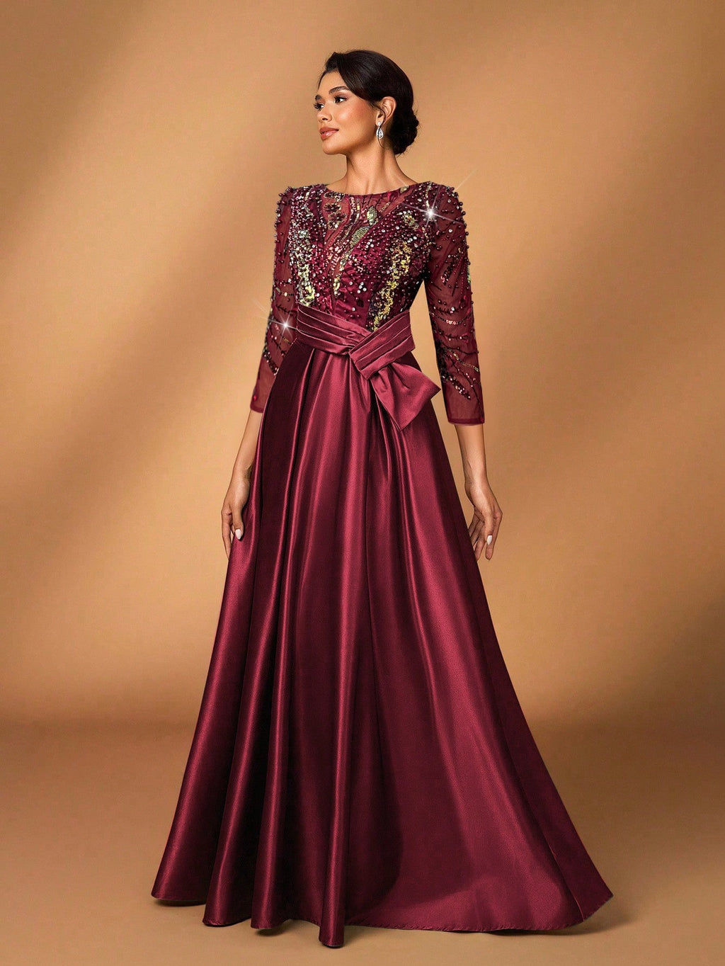Serin Elegant Luxurious Rosegold Sheer Long Sleeve Embroidered Lace Floral Pearl Bow Flared Winter Formal - image 14