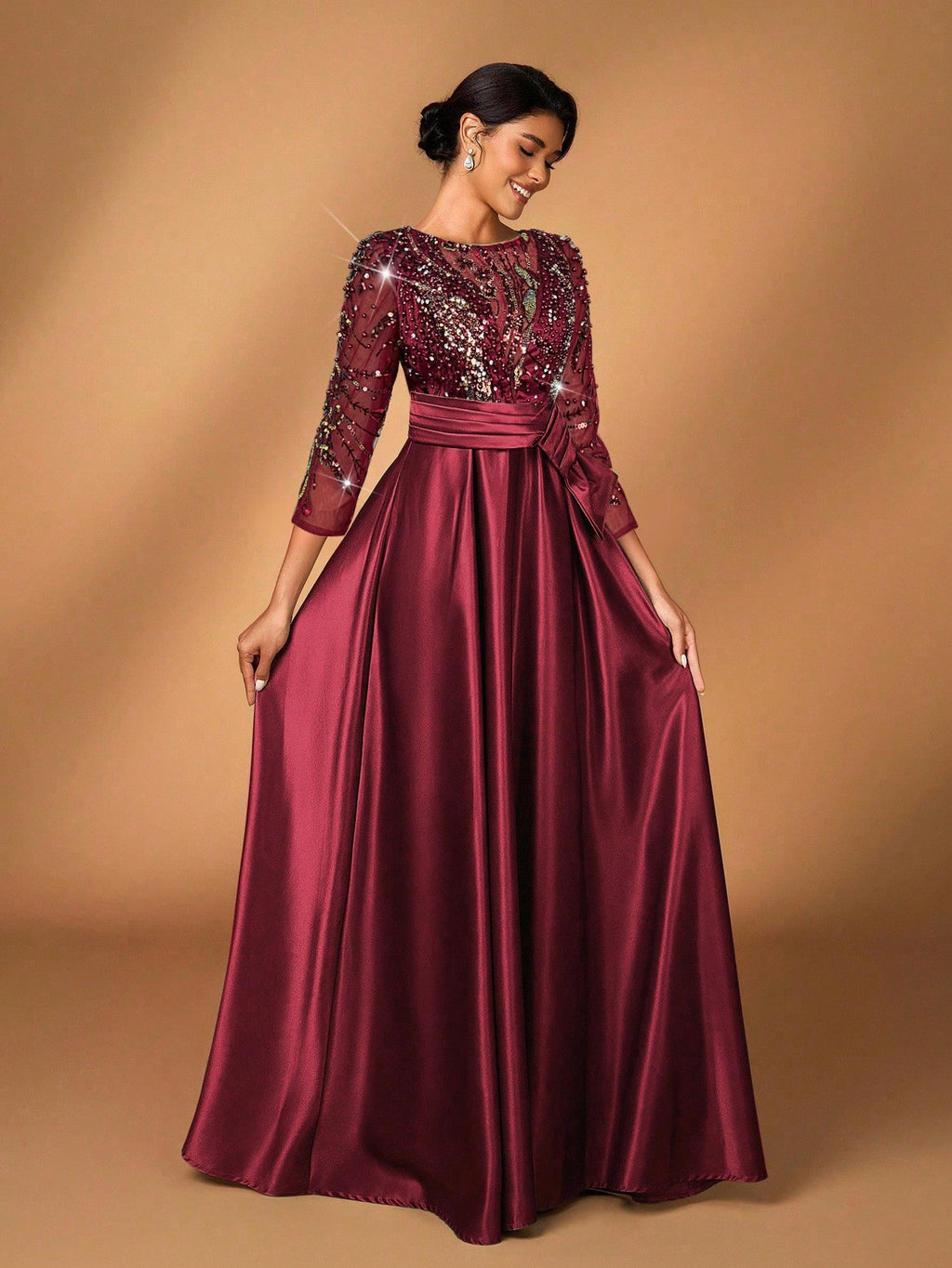 Serin Elegant Luxurious Rosegold Sheer Long Sleeve Embroidered Lace Floral Pearl Bow Flared Winter Formal - image 15