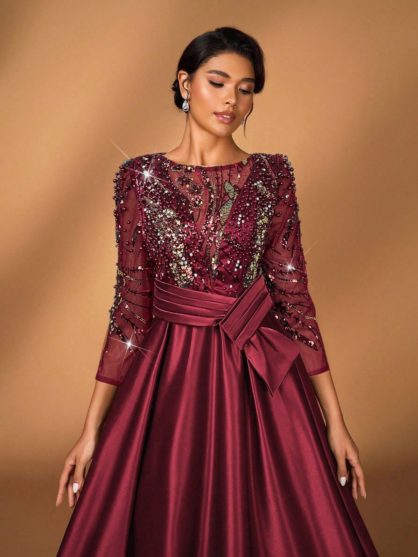 Serin Elegant Luxurious Rosegold Sheer Long Sleeve Embroidered Lace Floral Pearl Bow Flared Winter Formal - image 16