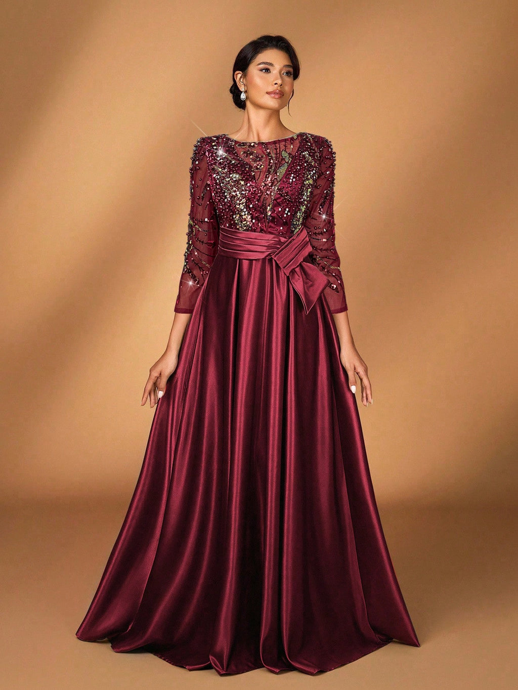 Serin Elegant Luxurious Rosegold Sheer Long Sleeve Embroidered Lace Floral Pearl Bow Flared Winter Formal - image 17