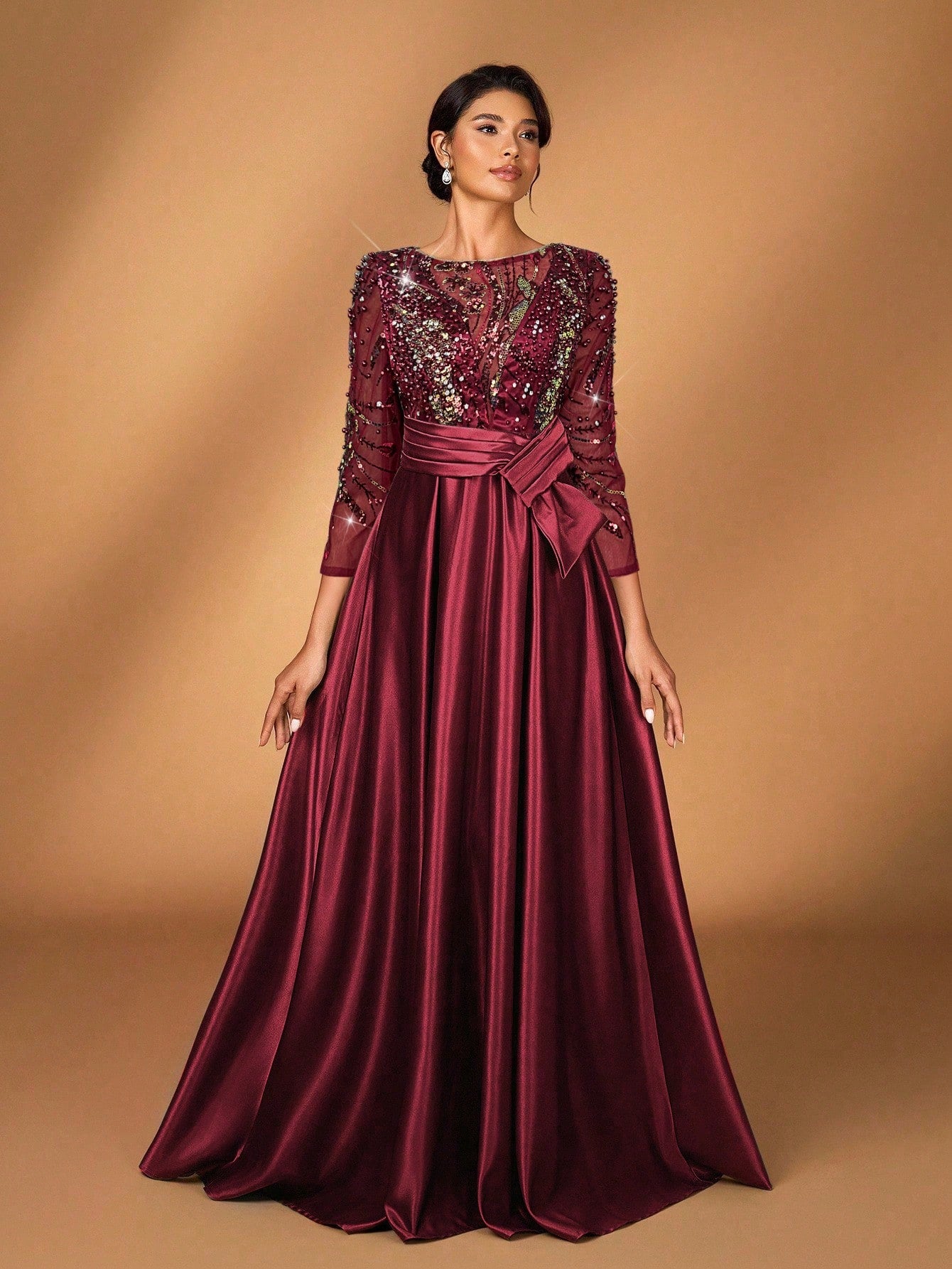 Serin Elegant Luxurious Rosegold Sheer Long Sleeve Embroidered Lace Floral Pearl Bow Flared Winter Formal - image 17