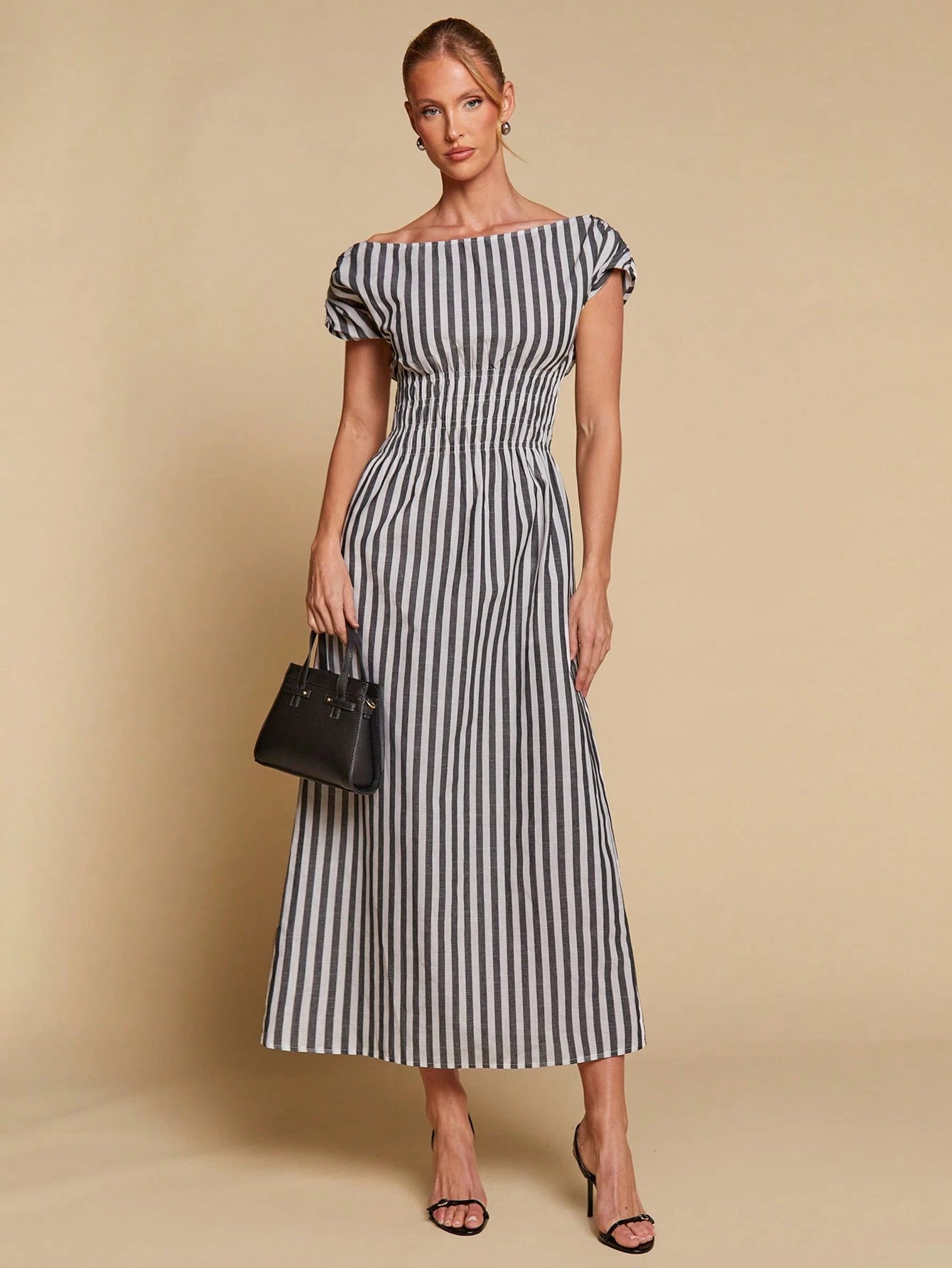 COSMINA Women's Elegant Striped Off Shoulder Cinched Waist Long