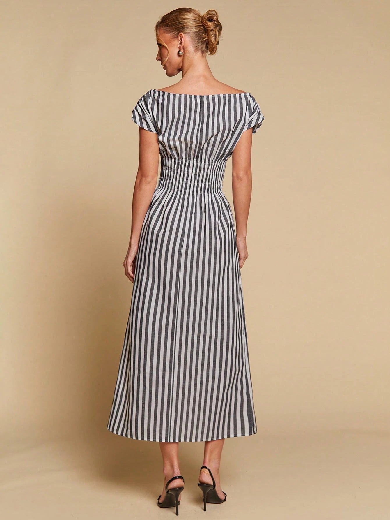 COSMINA Women's Elegant Striped Off Shoulder Cinched Waist Long Dress, Versatile For Commute And Everyday - image 2