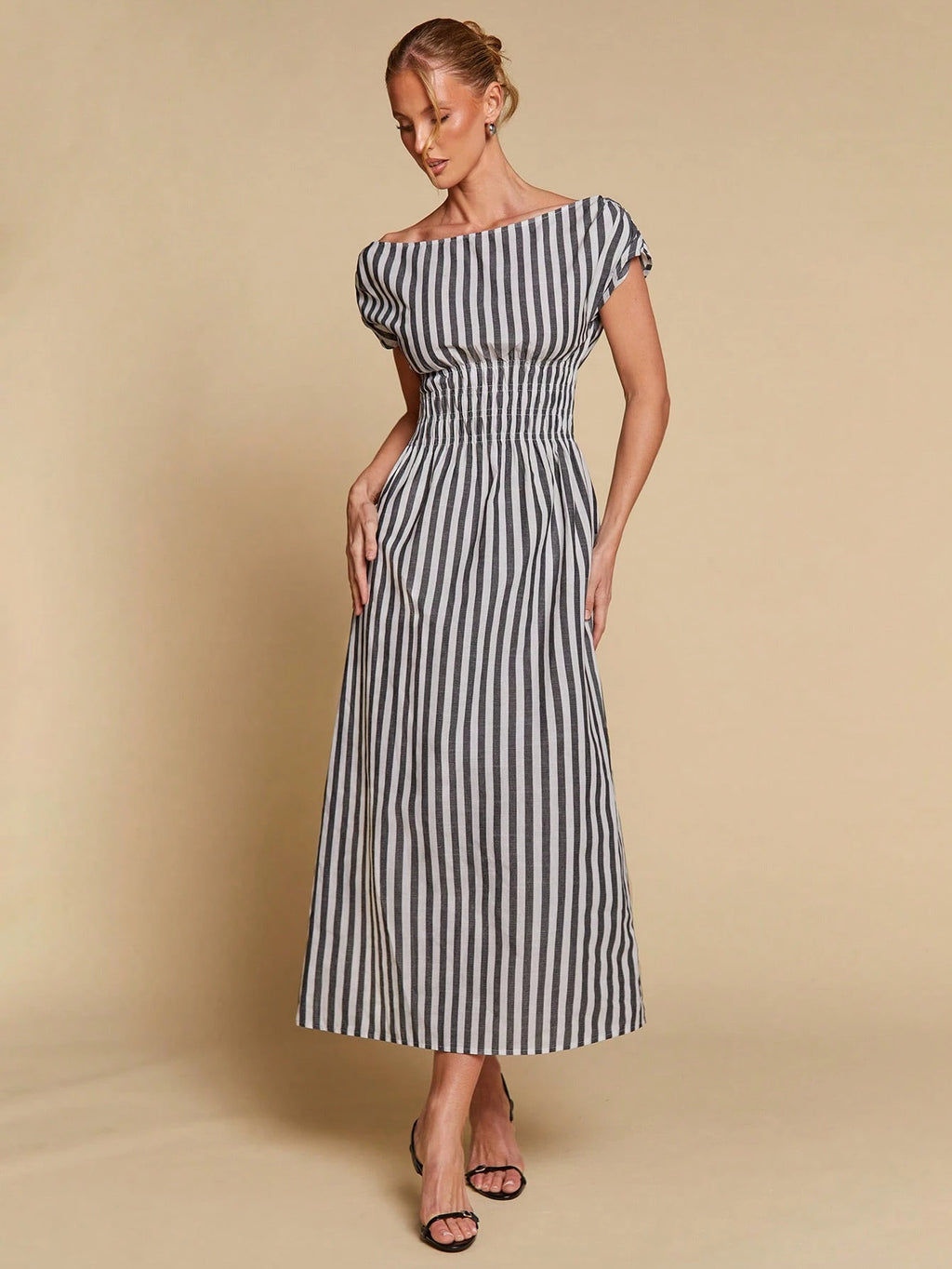 COSMINA Women's Elegant Striped Off Shoulder Cinched Waist Long