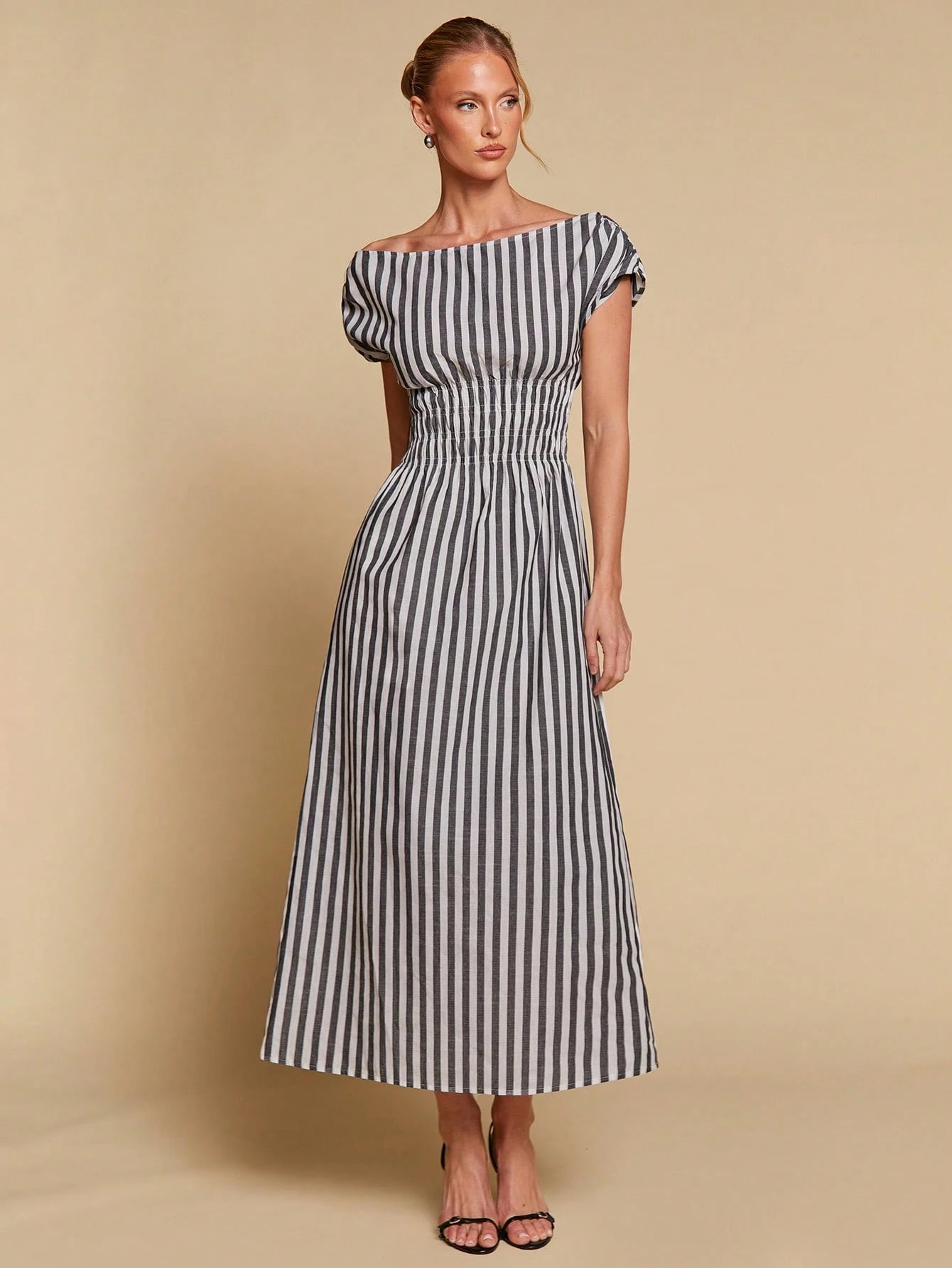 COSMINA Women's Elegant Striped Off Shoulder Cinched Waist Long