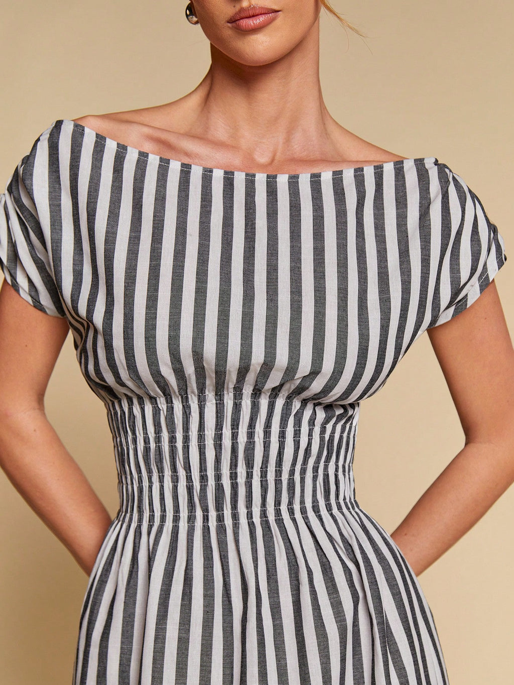 COSMINA Women's Elegant Striped Off Shoulder Cinched Waist Long