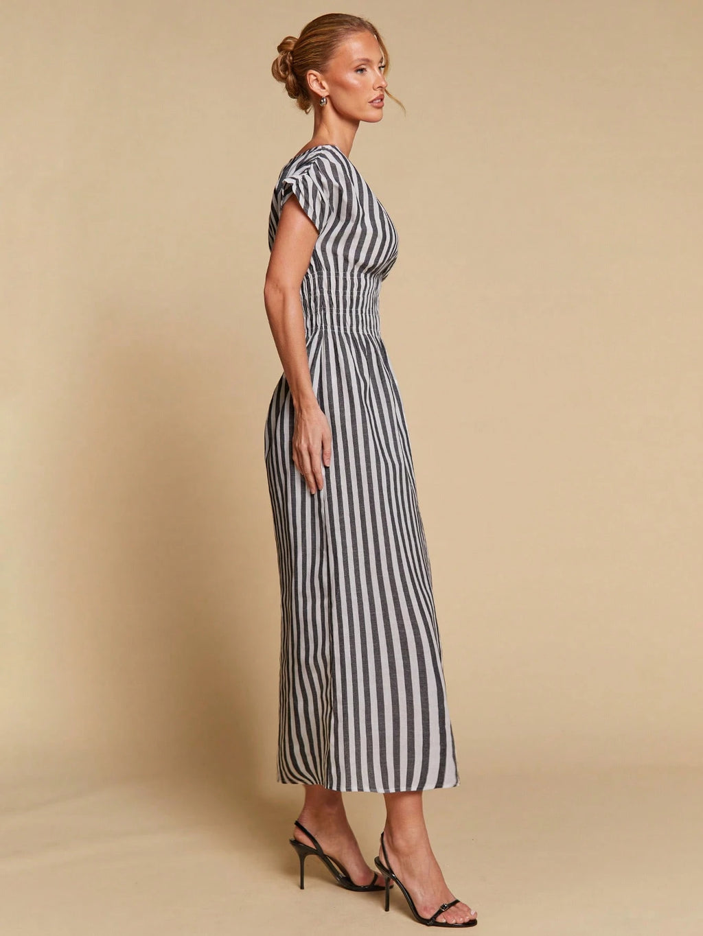 COSMINA Women's Elegant Striped Off Shoulder Cinched Waist Long