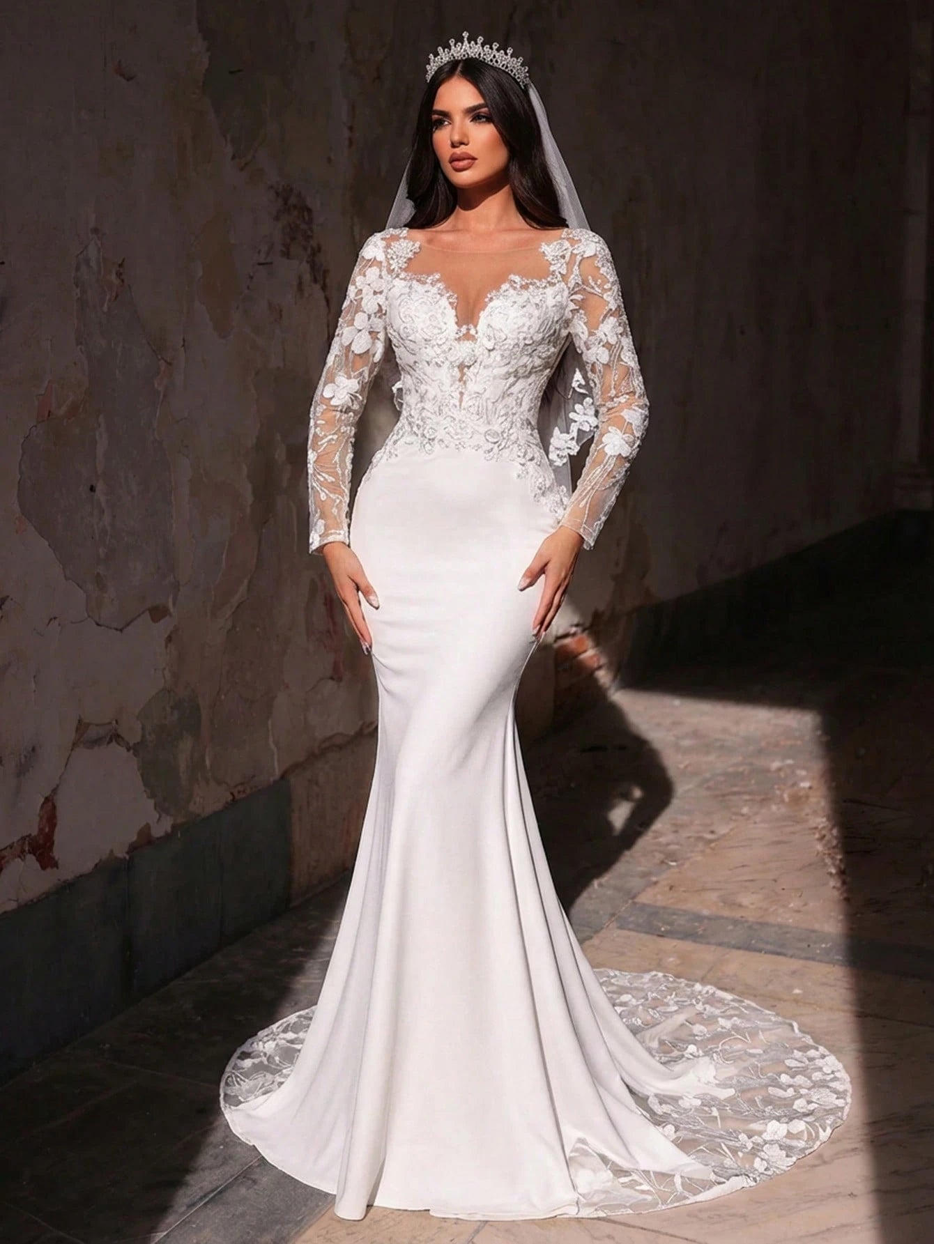Glamrae White Summer Elegant Silky Wedding Mermaid Maxi Dress,Luxurious Embroidered Lace Applique Patchwork - image 2