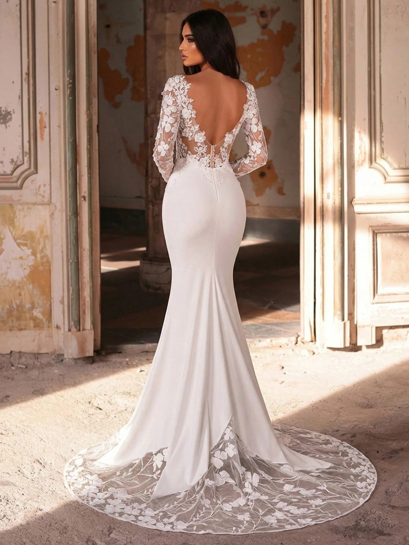 Glamrae White Summer Elegant Silky Wedding Mermaid Maxi Dress,Luxurious Embroidered Lace Applique Patchwork