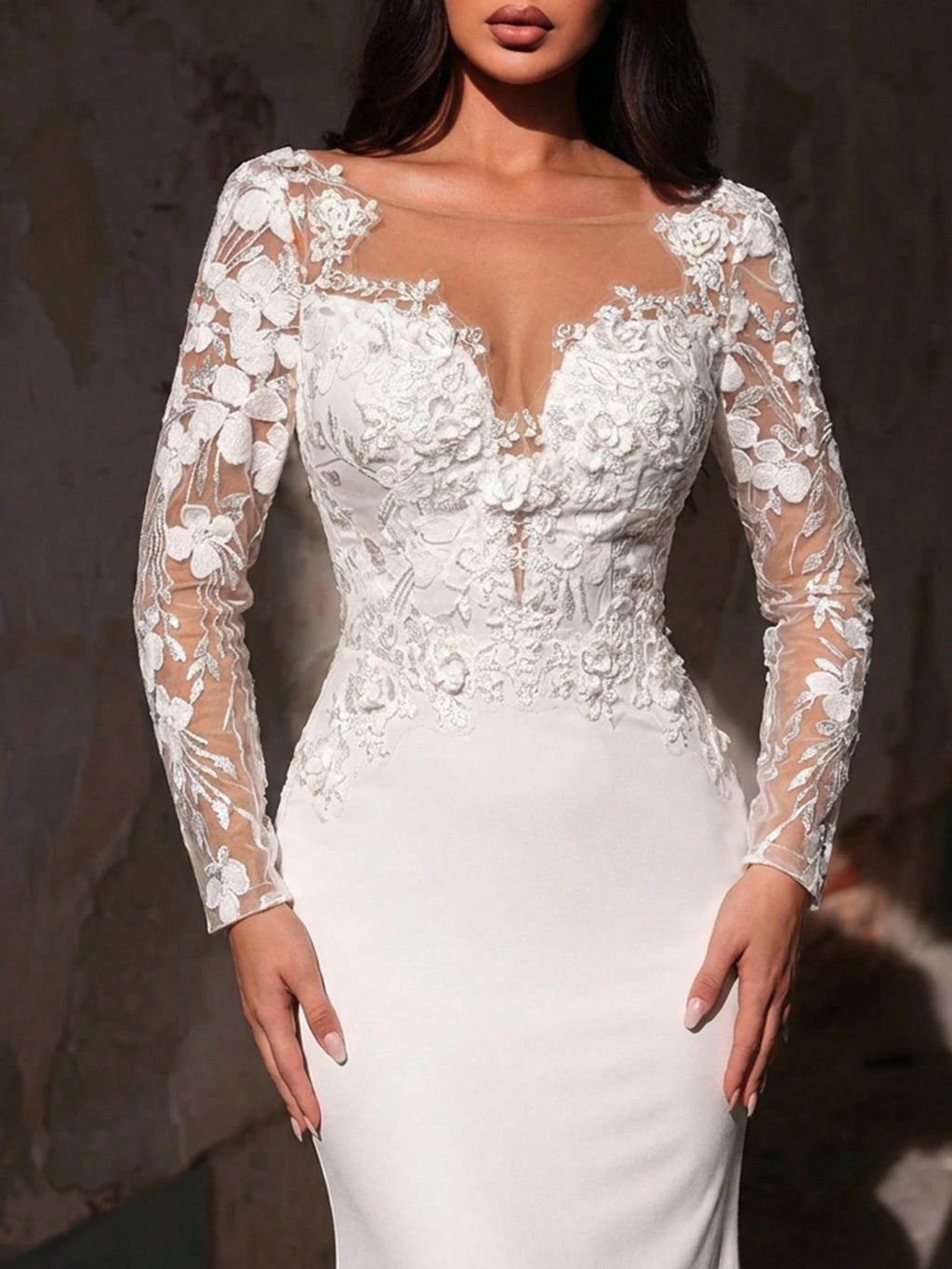 Glamrae White Summer Elegant Silky Wedding Mermaid Maxi Dress,Luxurious Embroidered Lace Applique Patchwork - image 4