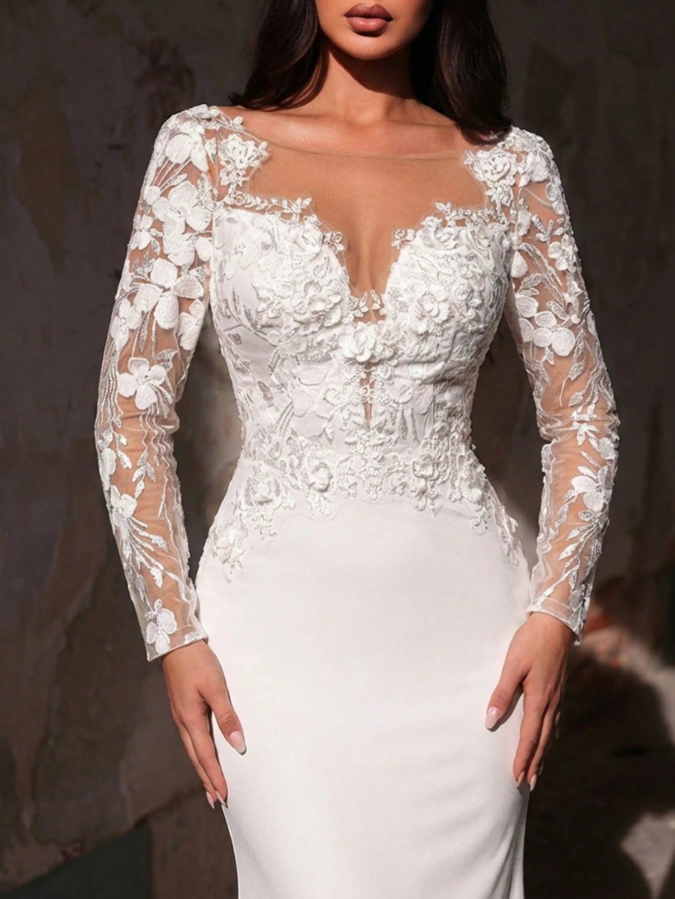 Glamrae White Summer Elegant Silky Wedding Mermaid Maxi Dress,Luxurious Embroidered Lace Applique Patchwork - image 4