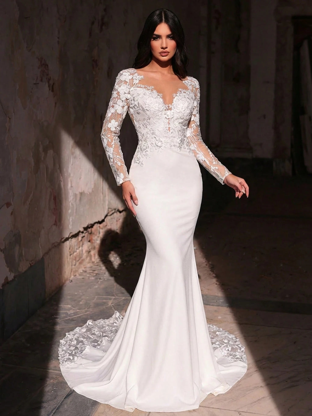 Glamrae White Summer Elegant Silky Wedding Mermaid Maxi Dress,Luxurious Embroidered Lace Applique Patchwork - image 5