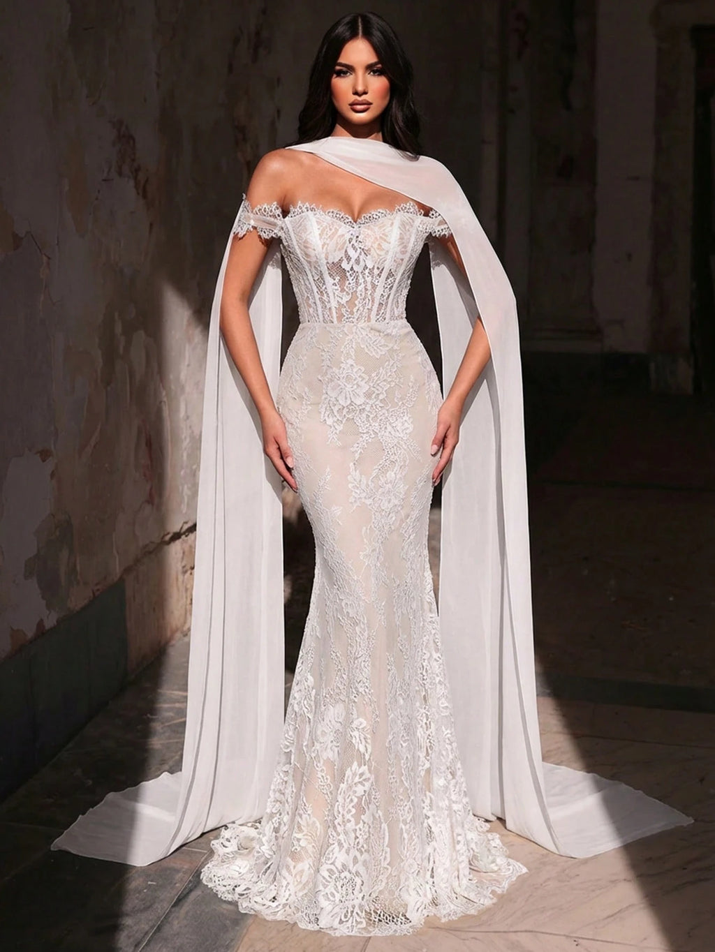Glamrae White Spring Elegant Wedding Mermaid Dress,Luxurious Stretchy Lace Bridal Gowns With Chiffon Halter - image 4