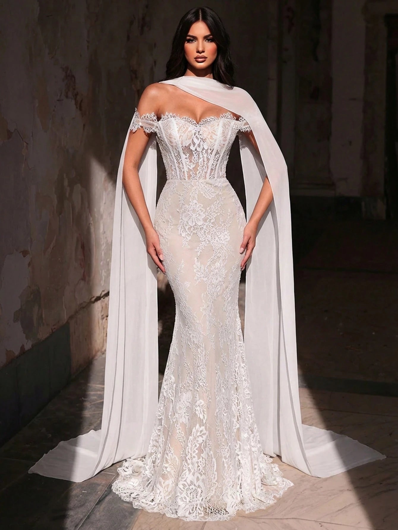 Glamrae White Spring Elegant Wedding Mermaid Dress,Luxurious Stretchy Lace Bridal Gowns With Chiffon Halter - image 4