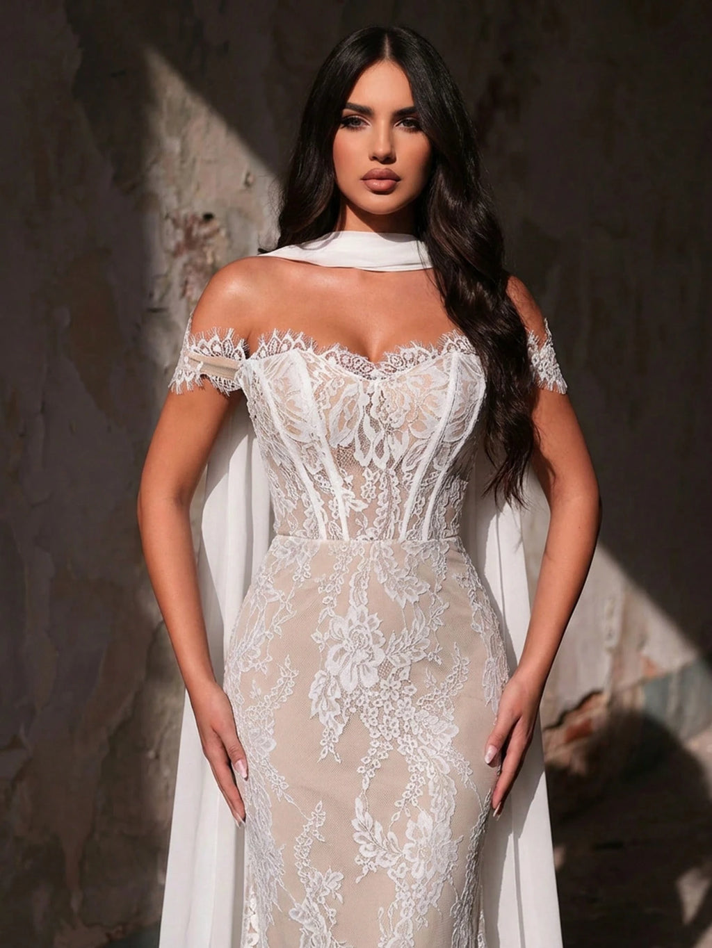 Glamrae White Spring Elegant Wedding Mermaid Dress,Luxurious Stretchy Lace Bridal Gowns With Chiffon Halter