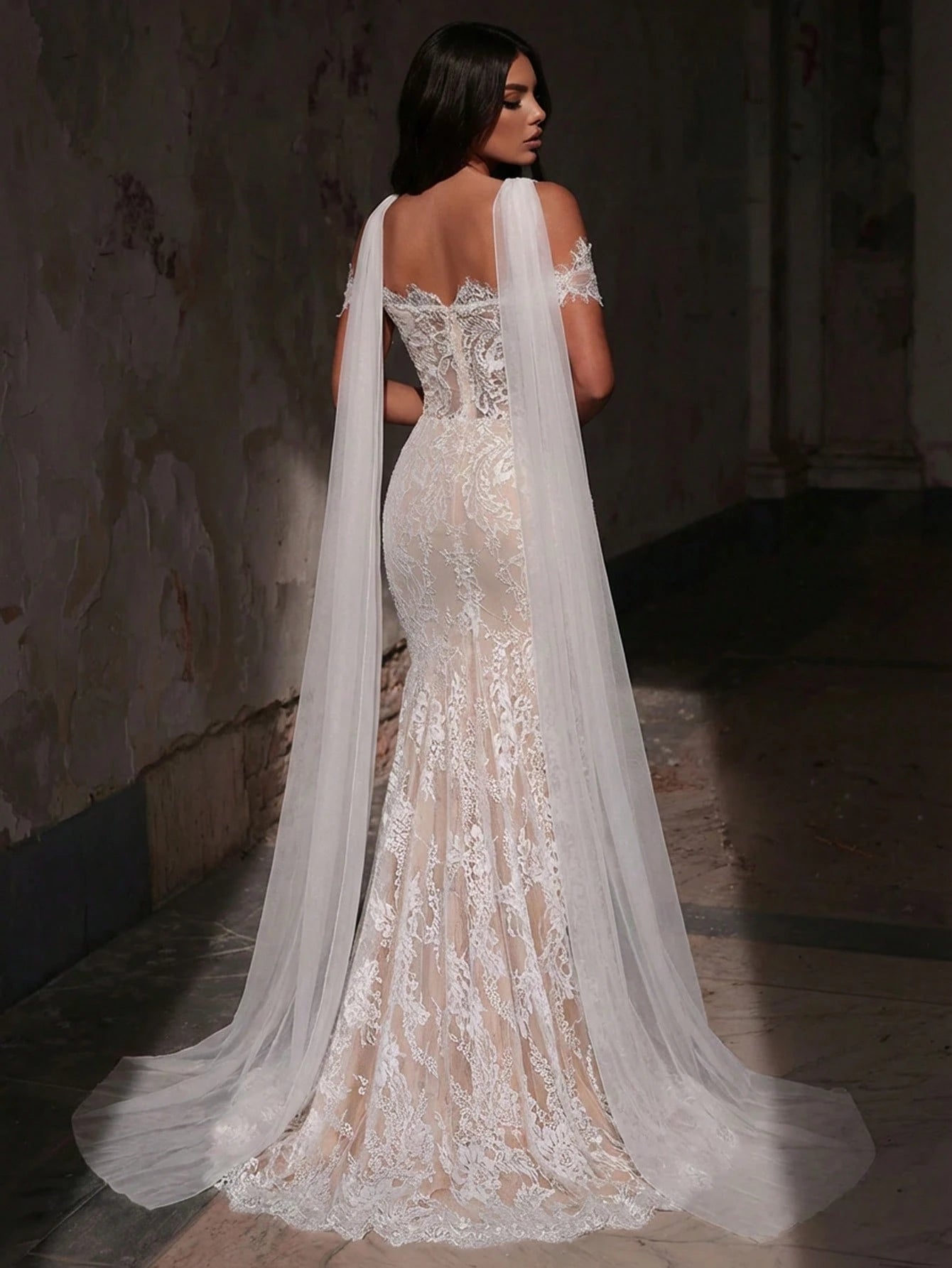 Glamrae White Spring Elegant Wedding Mermaid Dress,Luxurious Stretchy Lace Bridal Gowns With Chiffon Halter - image 3