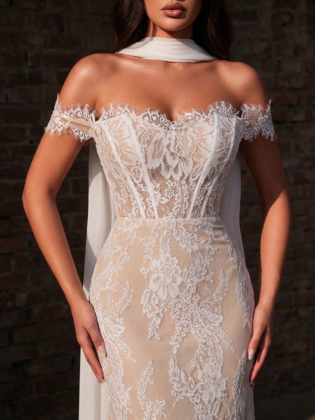 Glamrae White Spring Elegant Wedding Mermaid Dress,Luxurious Stretchy Lace Bridal Gowns With Chiffon Halter - image 5
