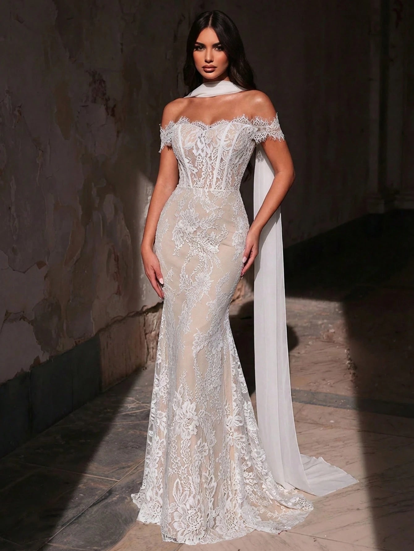 Glamrae White Spring Elegant Wedding Mermaid Dress,Luxurious Stretchy Lace Bridal Gowns With Chiffon Halter - image 6
